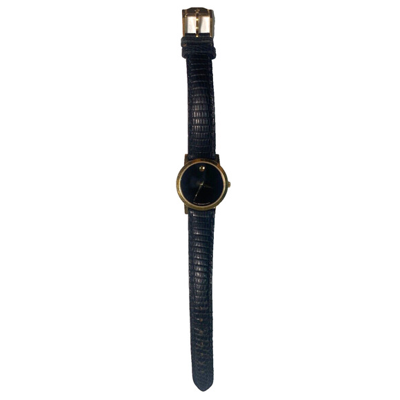Movado Women's Museum Classic Watch Gold Tone Black Genuine Lizard Strap - Picture 1 of 7